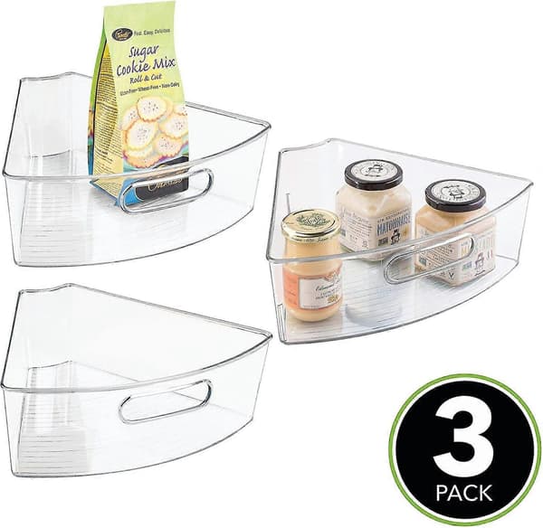 Plastic Storage Bins for Kitchen Cabinets with Front Handle - Large Pie-Shaped 1/6 Wedge - Food Safe, BPA-Free - 3-Pack - Clear