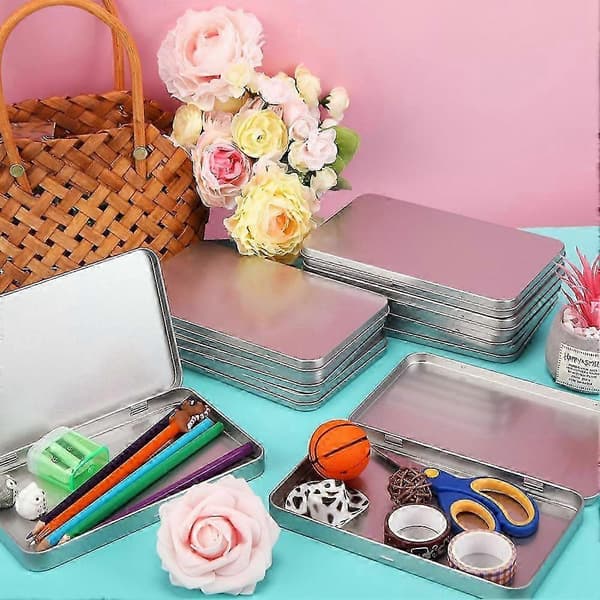 Rectangular Metal Tin with Lid Metal Hinged Lid Empty Metal Tin Container Silver Storage