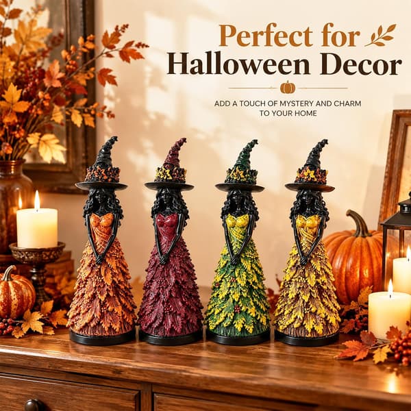 Hösthäxa figur halloween dekoration harts staty bladklänning bord GUL
