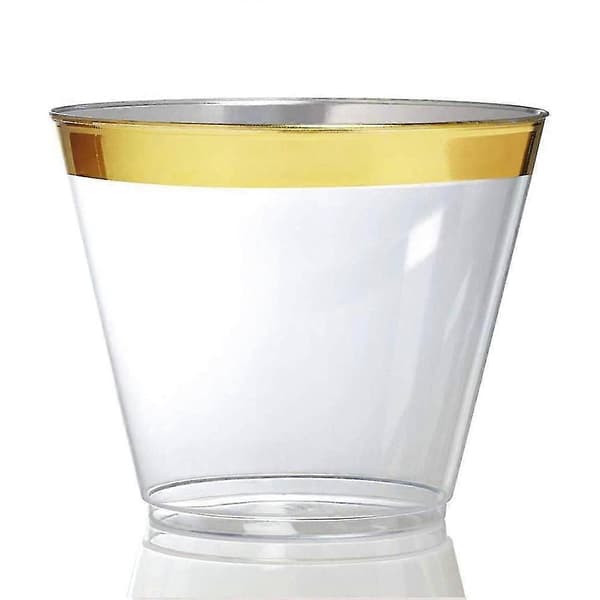 25-pakning - 9 oz plastcocktailglass, solid plastkopp med kant, gullkant