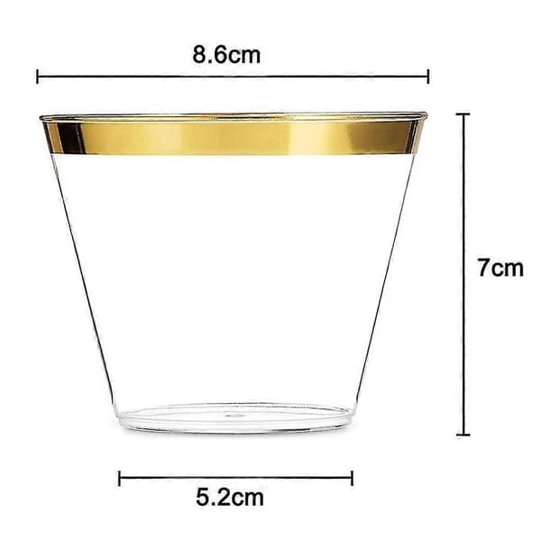 25-pakning - 9 oz plastcocktailglass, solid plastkopp med kant, gullkant