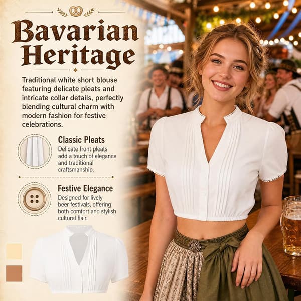 Dirndl-blus för dam, V-ringad dirndlblus, kortärmad traditionell blus Vit XXL Kort