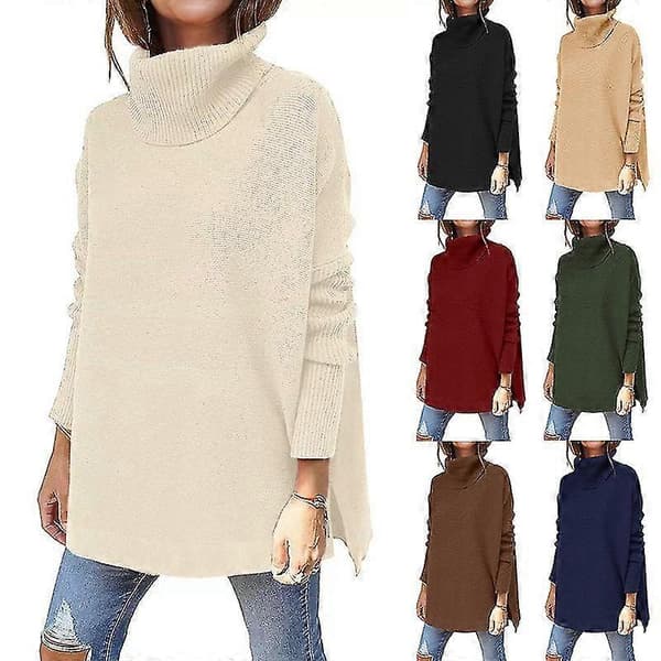 Bxhd Dame Turtleneck Oversized Batwing Ærme Delt Kant Strikket Tunika Pullover Sweater