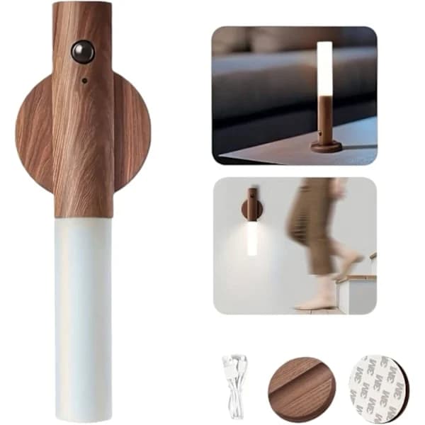 Magnetic Wall Lamp with Motion Sensor and USB Charging. Wall-Mounted Walnut Flashlight with Warm White Light – Suitable for Indoor Use.
