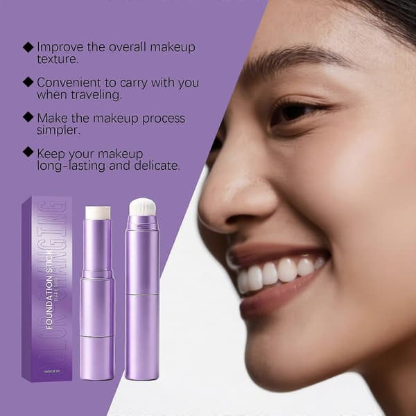 2-in-one color-changing foundation stick, buildable coverage skin tone adjusting foundation with built-in blending brush white