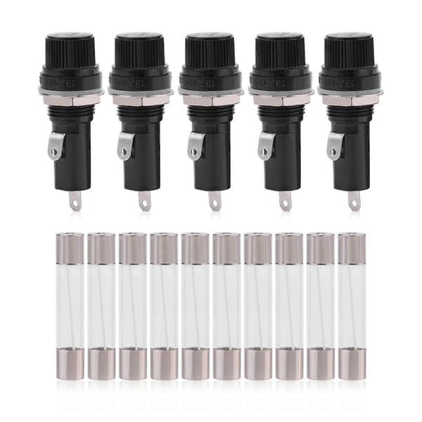 5-pak sikringsholdere til elpanel, monteret, til 6 x 30 glaspatroner, AC 125V 15A / 250V 10A