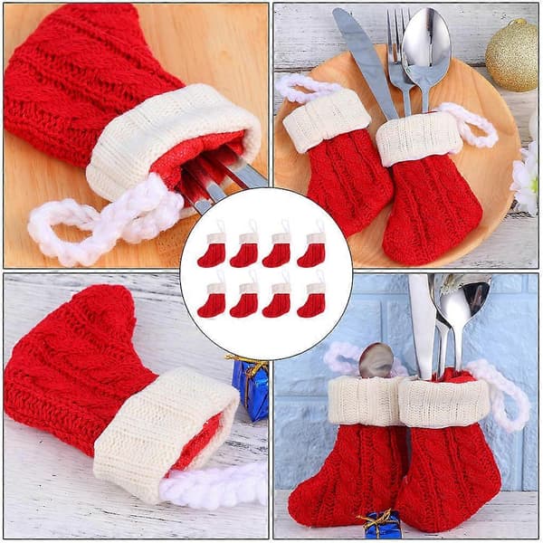Julebestikkpose strikket holder for 8 stk. bestikkoppbevaring