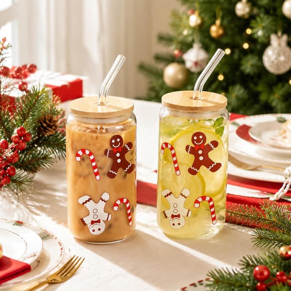Booaee 500 ml julglas, 2 stycken julpepparkaksgubbe, dricksglas, julkoppar med lock, sugrör, ölburk, glas, sugrör, julkaffe som julklappar
