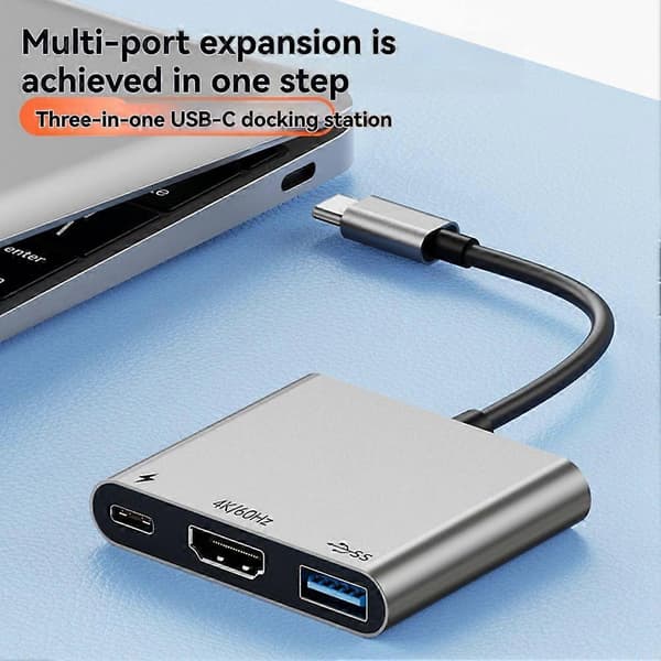 3-i-1 USB C til HDMI-kompatibel adapter med 4K video, USB 3.0 100W PD-lading for MacBook, iPhone, Samsung Galaxy Grey