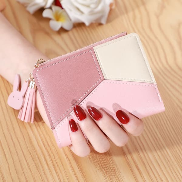 RFID Blocking Leather Wallet for Women, Small Compact Zipper Wallet with ID Window (Pink)