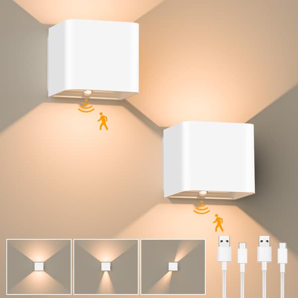 [LCS] Indoor Wall Lamp, 2 Pack, Wall Lamp with Motion Sensor, Rechargeable LED, 3000K Warm White Light, Wireless, Adjustable Beam Angle (White)