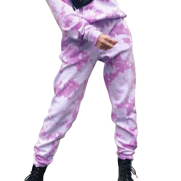 Dam Tie Dye Mjukisbyxor Casual Hög Midja Byxor Med Elastiskt Band Baggy Streetwear Purple L