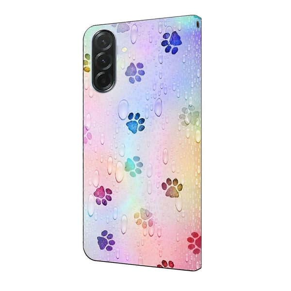 Samsung Galaxy S24 FE -nahkakotelo kuvaprintillä, lompakkostandi, läppäsuoja Cat Footprints