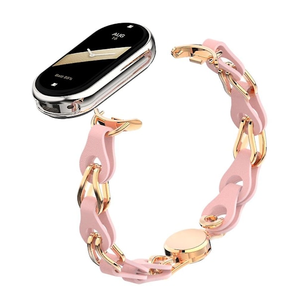För Xiaomi Smart Band 8 Magnetiskt Armband Äkta Läder+Kedjearmband i Aluminiumlegering Pink