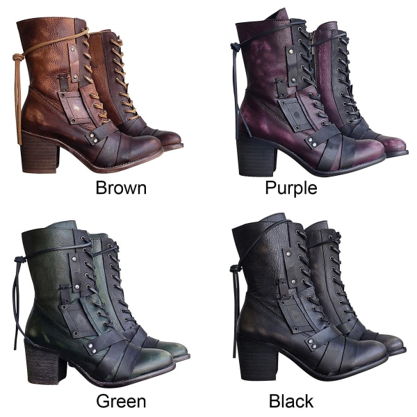Retro Bekväma Chunky-heel Snörstövlar för Dam Brown 37