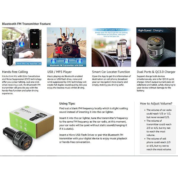 Bluetooth 5.0 FM-lähetin radioadapteri musiikkisoitin handsfree-puhelut USB-portit laturi