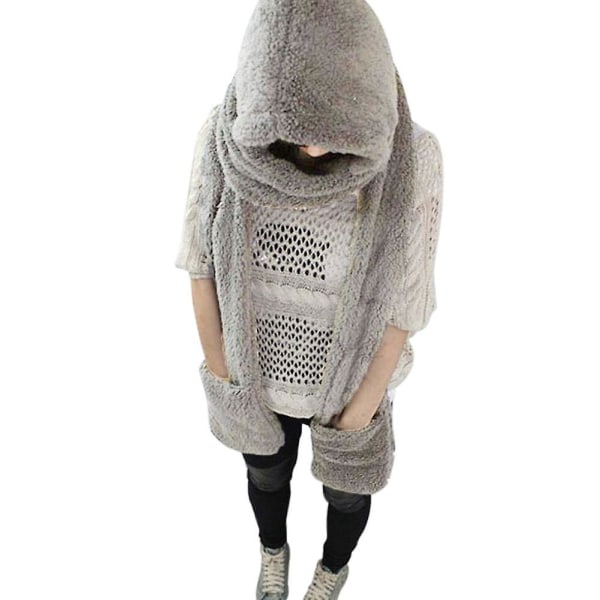 Vinter Varm Dame Hettegenser Hansker Lomme Øreklaff Lue Langt Skjerf Sjal Snood Wraps Deep Gray