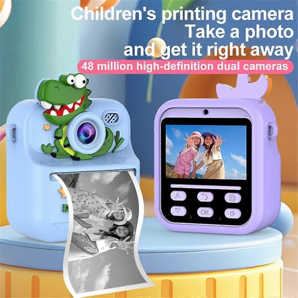 [LCS]S1 2,4 tums IPS-skärm Barnkamera Direktutskrift Digitalkamera Dubbla Linser HD Videoinspelare Multicolor Blue Dinosaur