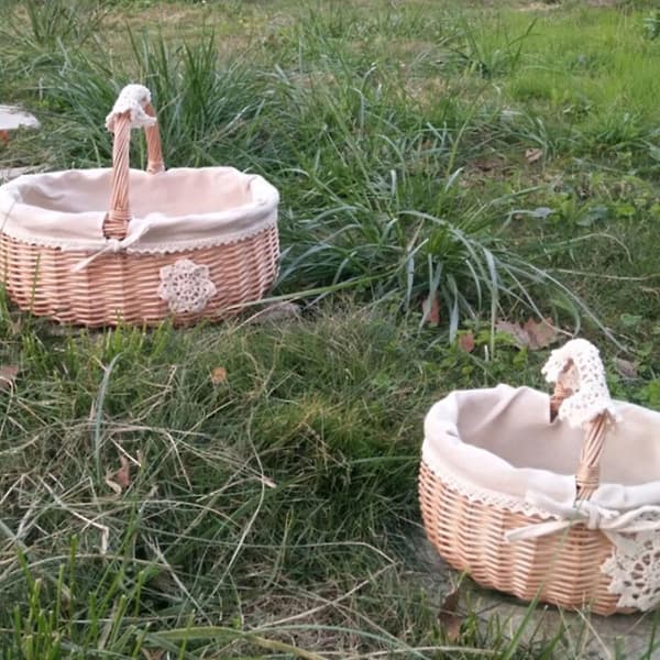 [LCS] Förvaringskorg Matkorg Rotting Vide Äggkorg Bärbar Present Picknick Frukt Liten Vävd Bambu Red Plaid Medium