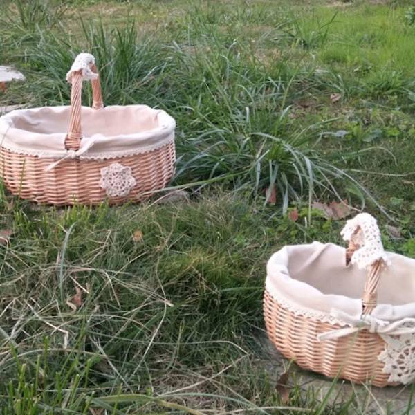 Opbevaringskurv Madkurv Rattan Fletkurv Æggekurv Bærbar Gave Picnic Frugt Lille Vævet Bambus Pure Color Linen Large