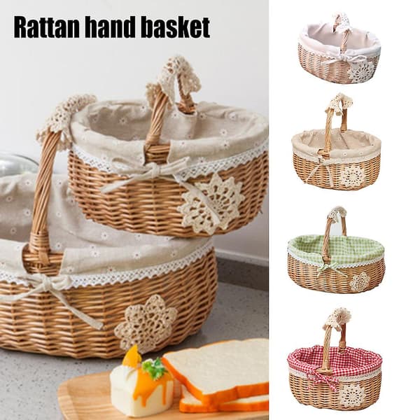 [LCS] Förvaringskorg Matkorg Rotting Vide Äggkorg Bärbar Present Picknick Frukt Liten Vävd Bambu Red Plaid Medium
