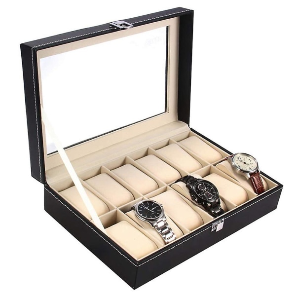 PU Läder Armbandsur Display Box 12 Fack Förvaringshållare Organizer Fodral Smyckeskrin