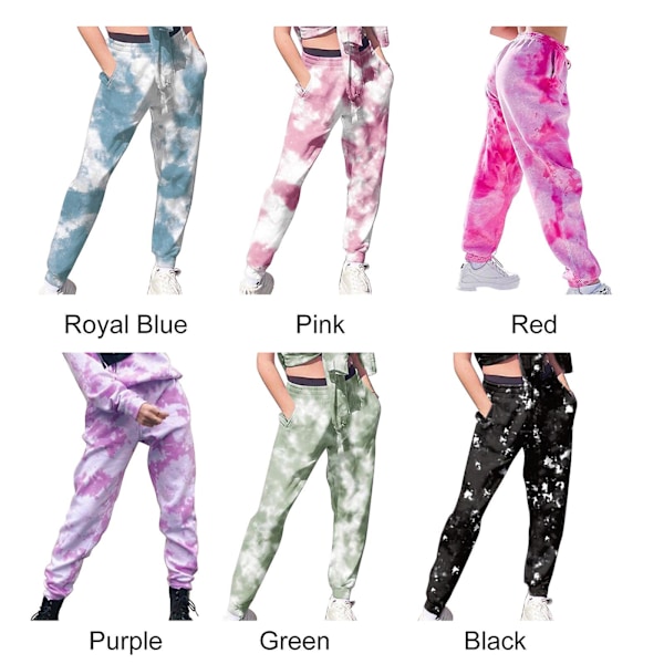 Dam Tie Dye Mjukisbyxor Casual Hög Midja Byxor Med Elastiskt Band Baggy Streetwear Black M