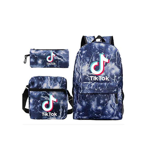 3 stk. Gutter Jenter Tik Tok Galaxy Skolesekk Ryggsekk Skulderveske Lightning Blue