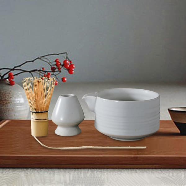 4x japansk sett, Matcha-bolle med helletut, Matcha-visp, te, keramikk 26s White