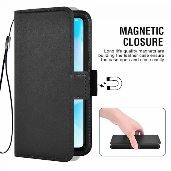 Huawei P30 Lite -puhelinkotelo kirjatyyliin magneettilukolla, jalustatoiminnolla ja korttipaikalla