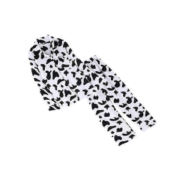 Sovplagg med långa ärmar och ko-mönster för kvinnor, med långbyxor, 1 set White M