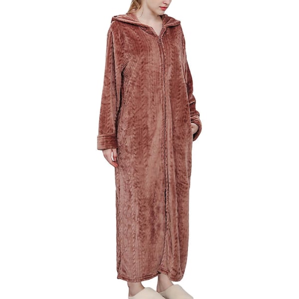 Långärmad vinternattklänning med luva för kvinnor, hemkläder och brown XL