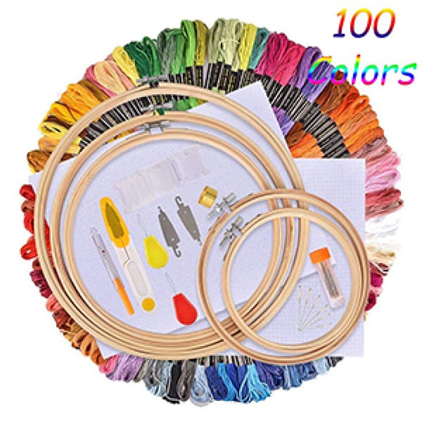 [LCS] Broderisats, 100 färgade trådar, 5 broderirammar i bambu