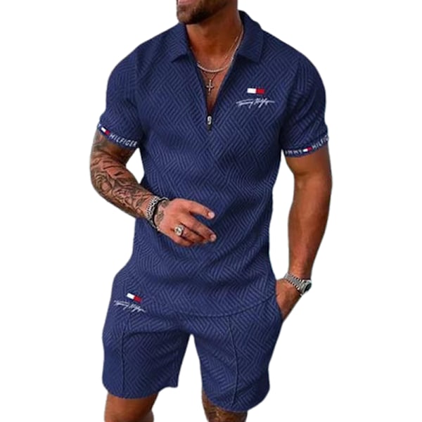 Herre Casual Sett Sportsklær Gym Fitness Sett Mote Sommer Kort Ermet T-skjorte Shorts Sett Herre Sportsklær Treningsdress Marineblå M Navy blue