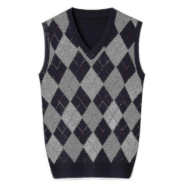 Yynuda Herre Kasjmir Pullover Ullblanding Ermeløs Strikket V-hals Genser Dark Blue M