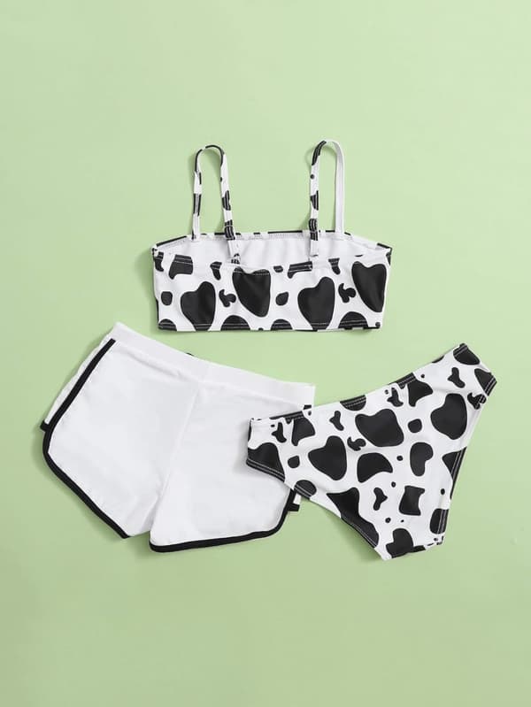 [LCS] Pigepige 3-delt badedragt, Ko-print Bikini Badedragt med Shorts
