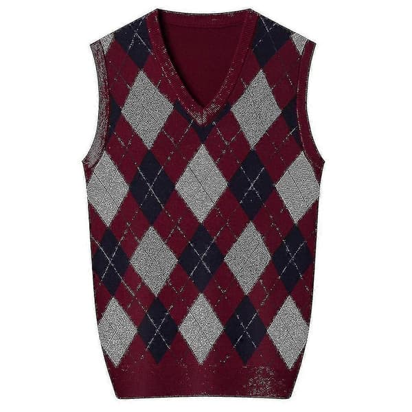 [LCS]Yynuda Herre Kasjmir Pullover Ullblanding Ermeløs Strikket V-hals Genser Wine red M
