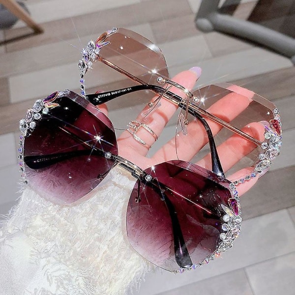 Vintage båglös strass uv400 solglasögon retro skärande linsgradient Pink