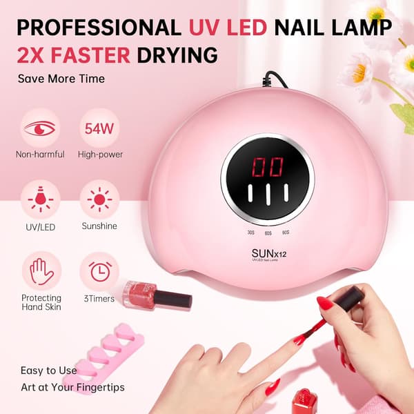 [LCS]UV LED Nail Light 54W Nail Dryer Gel Polish Light 3 Timer Settings Professional Quick Drying Curing Lamp with Display Auto Sensor, Pink