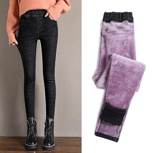 Dubbel Fleece Termiska Jeggings Varma Byxor Jeans Vinter Varma Byxor För Kvinnor Flicka Black 26