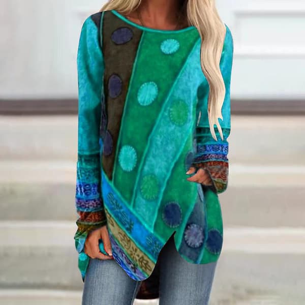 [LCS]Vintage Print Irregulær Top Kvinder Casual Langærmet Løs Oversize Pullover Rund Hals Top Efterår Green M