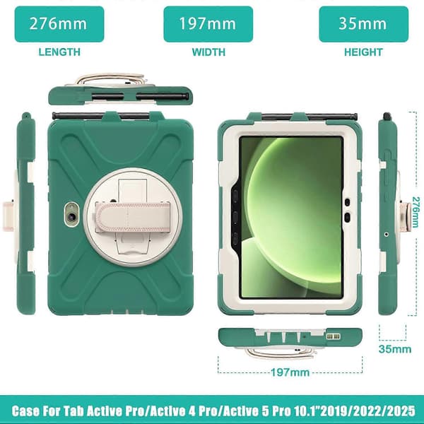 Til Samsung Galaxy Tab Active5 Pro Etui Roterende Støtteben PC+Silikone Håndrem Tablet Cover Multicolor Emerald Green