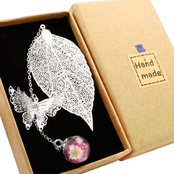Bokmärke i metall med löv, med 3D-fjärilsberlock, en inspirerande gåva Silver leaves pink white flowers