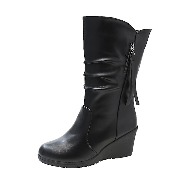 Sorte midcalf støvler til kvinder med lynlås, alsidige, komfortable, bløde sko til kvinder, afslappet brug, sort enkeltfor 38 Black Single Lining