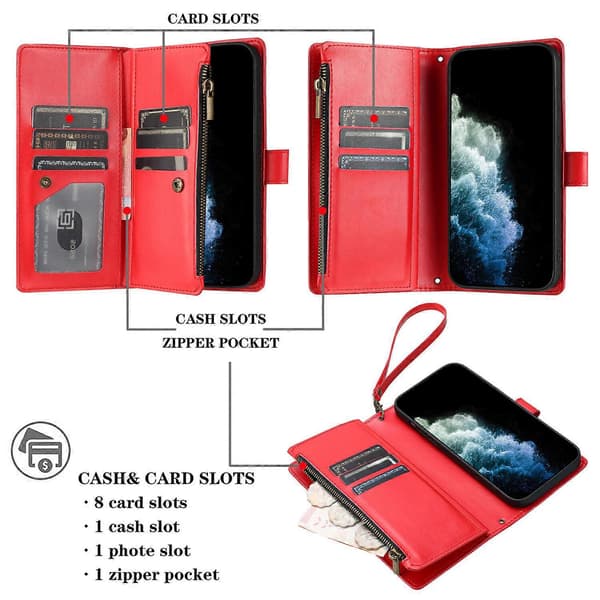 Kompatibelt med iPhone 15 plånboksfodral premium blixtlås stort utrymme flip PU-läderfodral Red