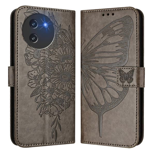 Präglat Fjäril Läder Telefonfodral Grey For Doogee Note 59 / Note 59 Pro