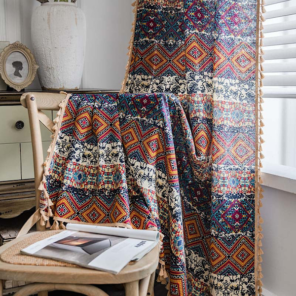 Boheme gardin etnisk stil gul firkantet trykt soveværelsesgardin Slidstang-gul firkantet kaffe broo Width 135 * height 46cm(150g) Wear Rod-yellow square coffee broom