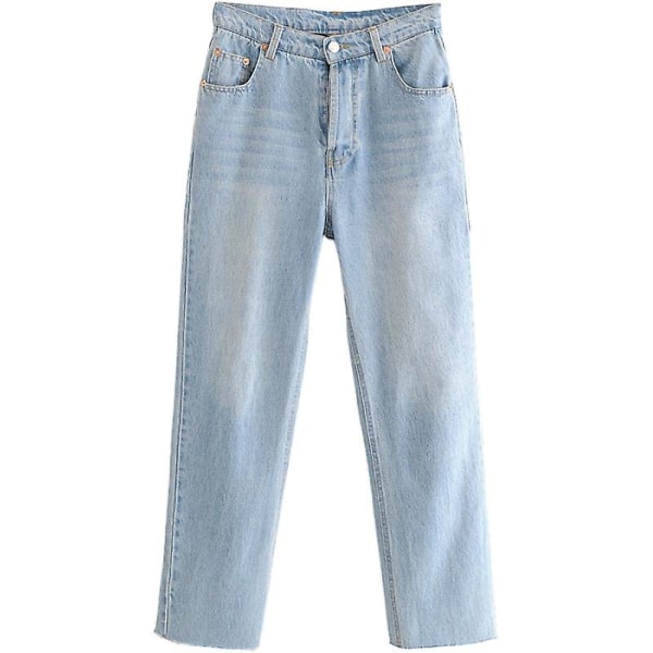 Högmidjade jeansbyxor med raka ben och tvättade råa kanter M