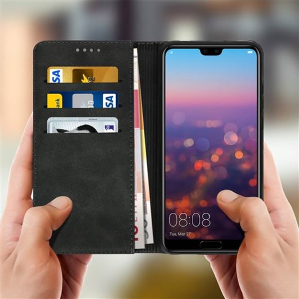 Huawei P20 Læder Wallet Case Stativfunktion - Sort