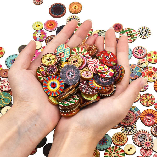 100 st Träknappar Blandade Runda Assorterade Färgglada Retro Hantverksknappar